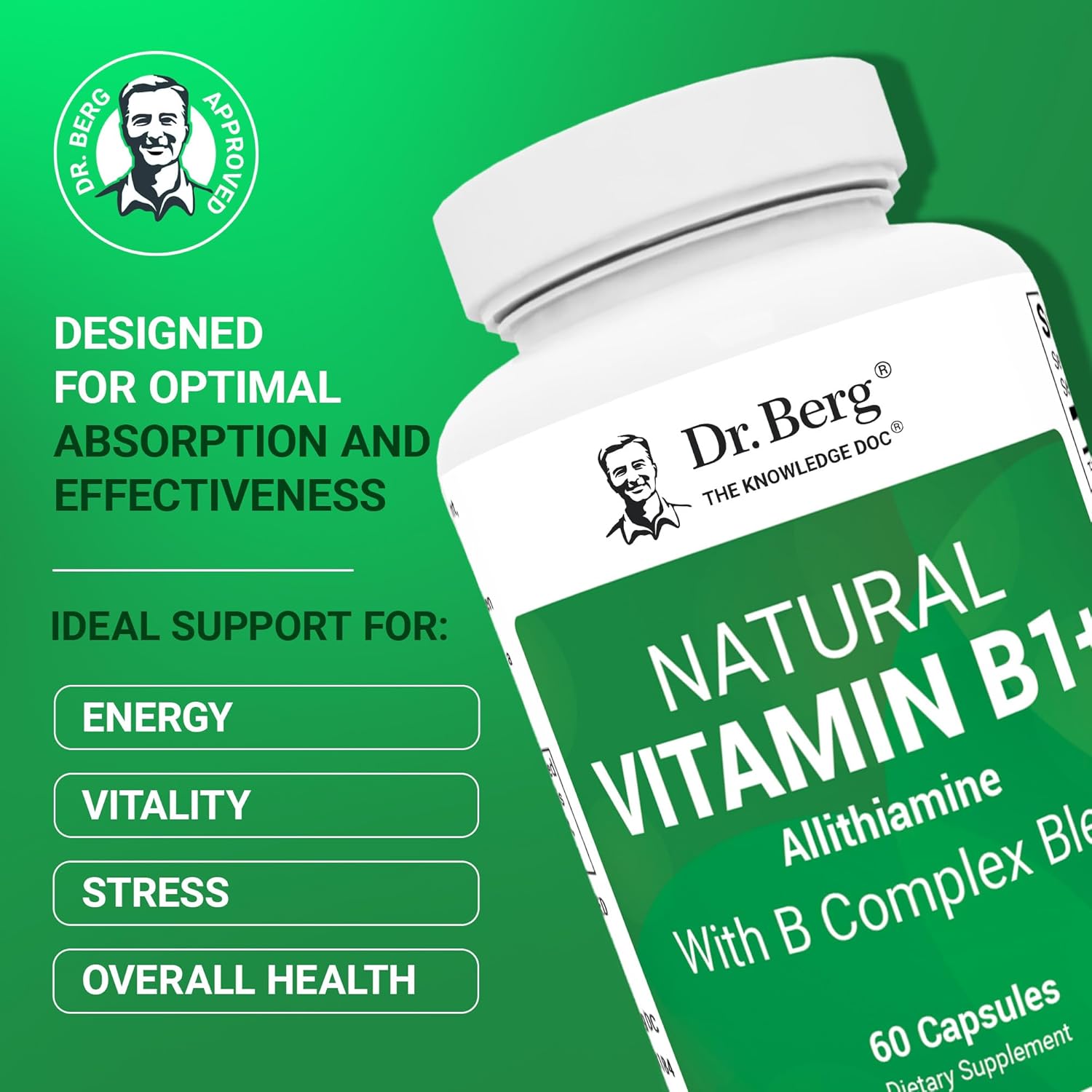 Dr. Berg Natural Vitamin B1 B6 B12 Complex Allithiamine Vitamin B1 Thiamin, Niacin, Folate, Magnesium & More - 60 Caps - Galeri