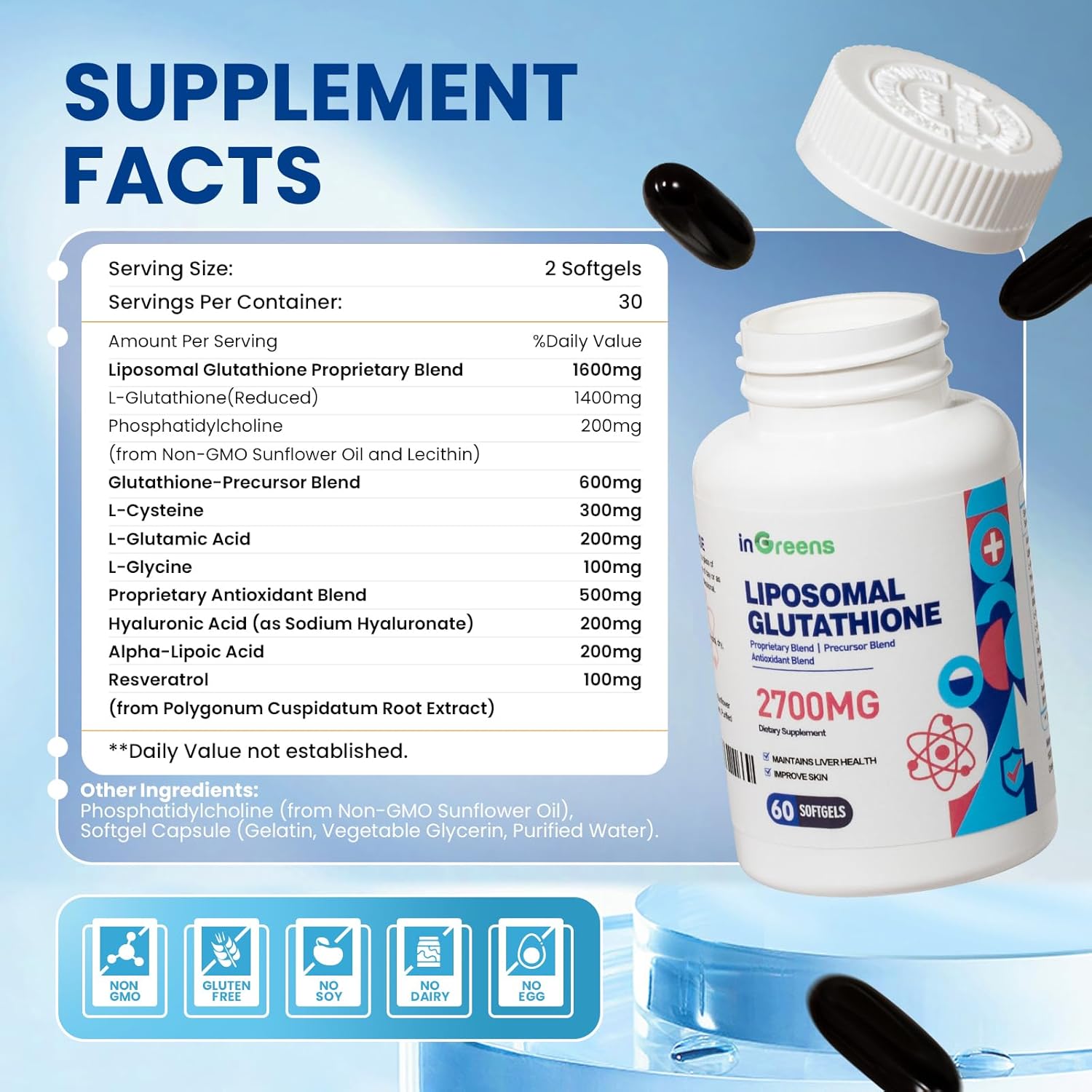 inGreens Liposomal Glutathione Phosphatidylcholine Glycine Resveratrol 2700 mg 60 Softgels - Galeri