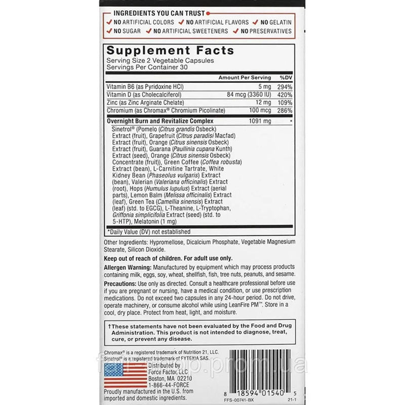 Force Factor Nighttime Fat Burner Leanfire Pm 60 Vegetable Capsules - Galeri