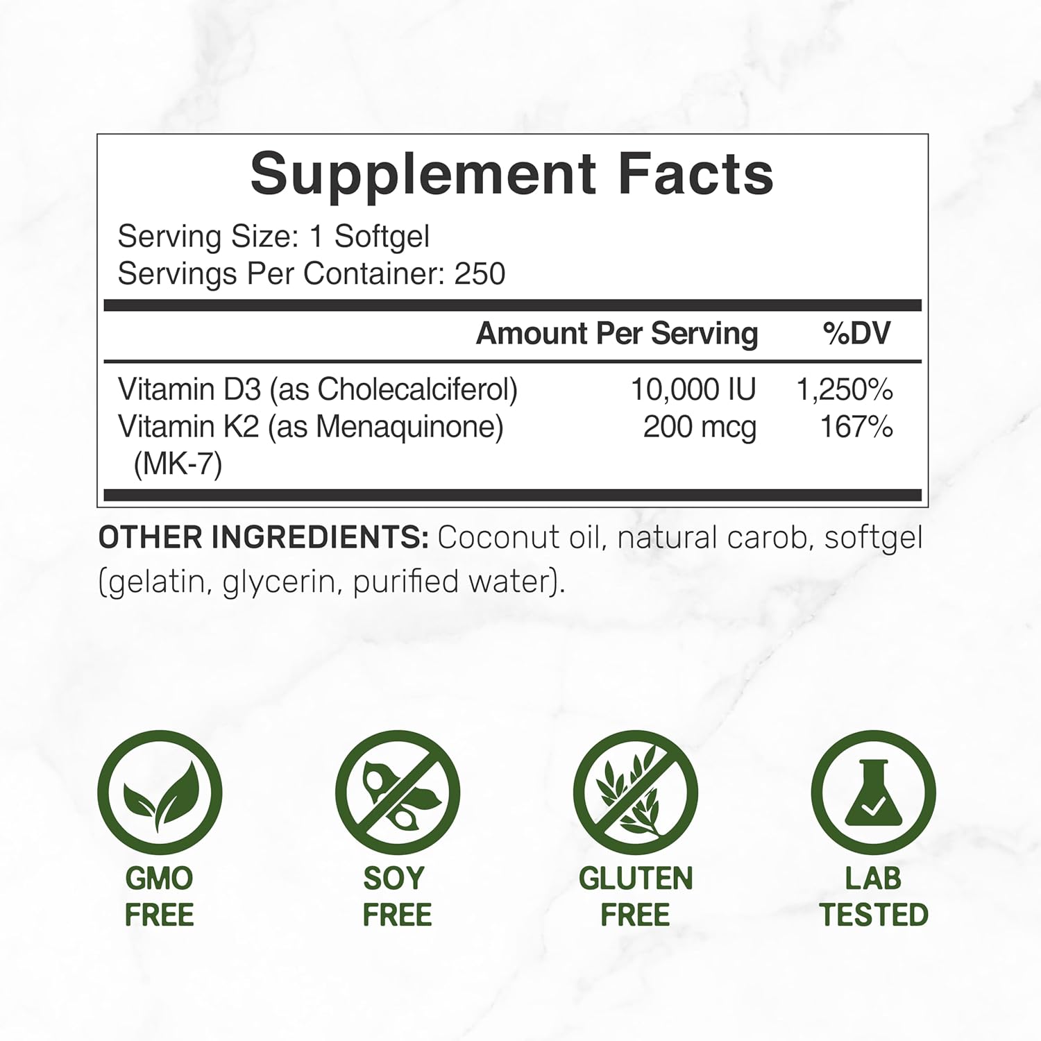 DEAL SUPPLEMENT Vitamin D3 10,000 IU + K2 MK7 200mcg  Coconut Oil  Heart Bone Teeth & Immune Health 250 Softgels - Galeri