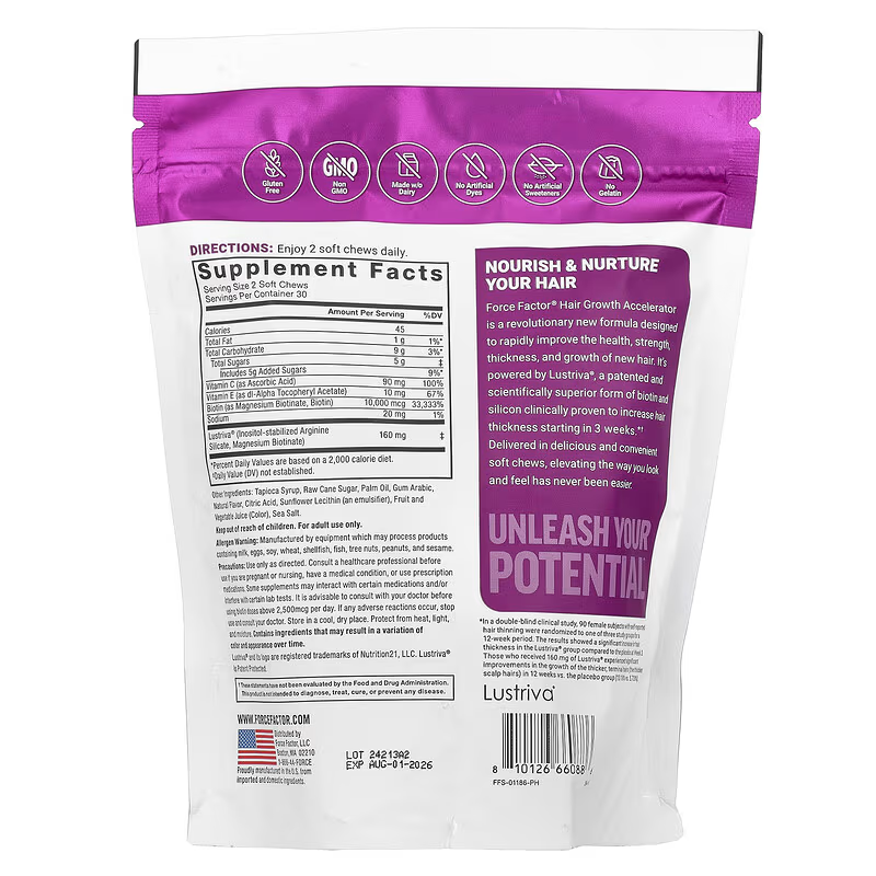 Force Factor Hair Growth Accelerator Hair Skin & Nails Vitamin Biotin Mixed Berry 60 Soft Chews - Galeri
