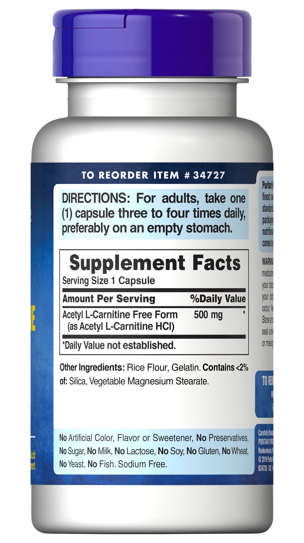 Puritan's Pride Acetyl L-Carnitine Hcl 500 mg 60 Caps - Galeri
