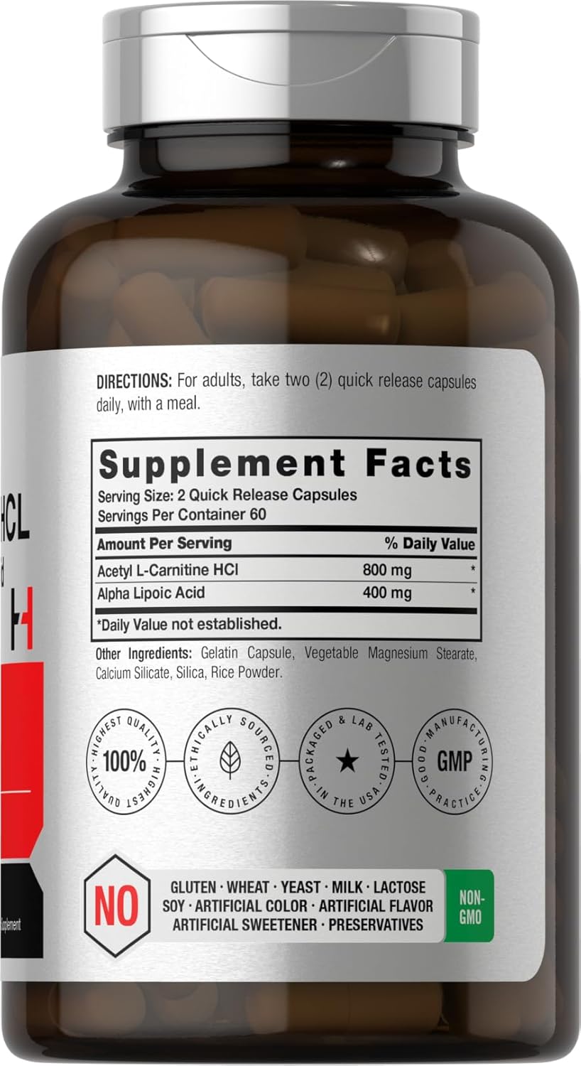 Horbaach Acetyl L-Carnitine HCL & Alpha Lipoic Acid 1200mg per serving 120 Capsules - Galeri