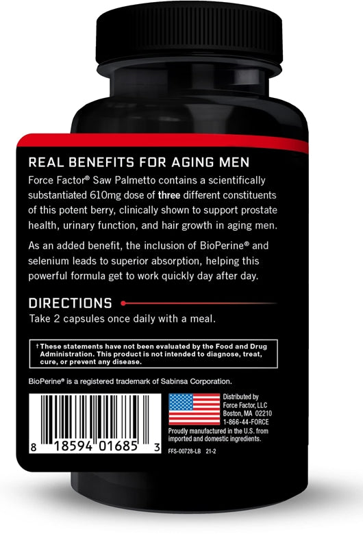 Force Factor Saw Palmetto for Men, Prostate Supplement for Men to Support Urinary Function, Prostate Relief & Hair Growth, with BioPerine for Superior Absorption, 60 Capsule - Galeri