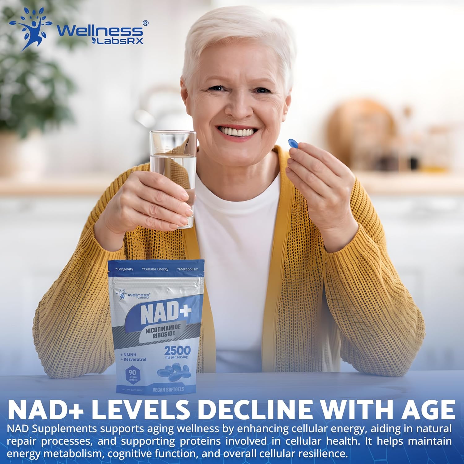 WELLNESS LABS Liposomal NAD+ Nicotinamide Riboside Resveratrol Nmnh Niacin Copper 90 Softgels - Galeri