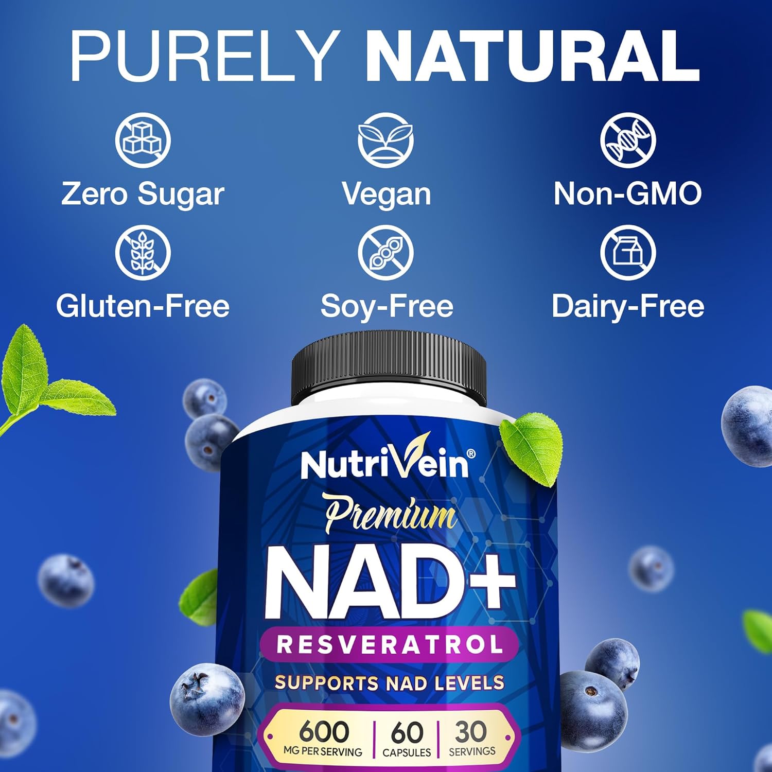 Nutrivein Premium NAD + Resveratrol 600 mg Aging Cognition Metabolism Overall Well-Being 60 Caps - Galeri