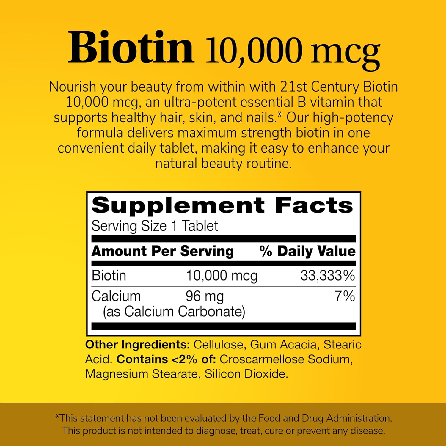 21st Century Biotin+Calcium Hair, Skin & Nail Support 10,000 mcg, Unflavored 120 Count - Galeri