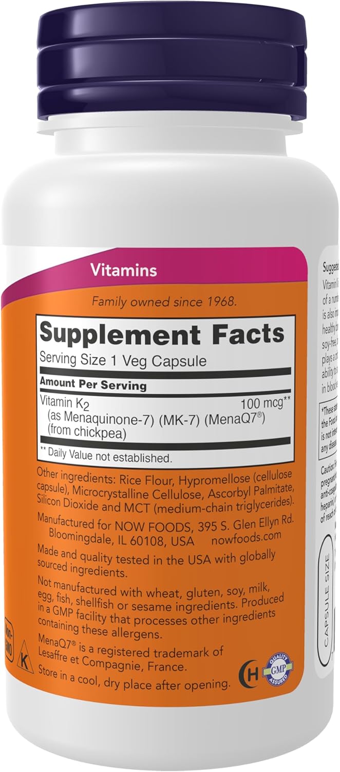 NOW Foods MK-7 Vitamin K-2 100 mcg Cardiovascular Support Supports Bone Health 120 Veg - Galeri