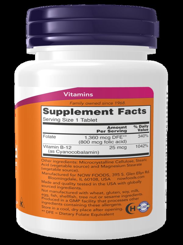 Now Folic Acid B12 Complex 800 mcg with Vitamin B-12 100 Tablets - Galeri