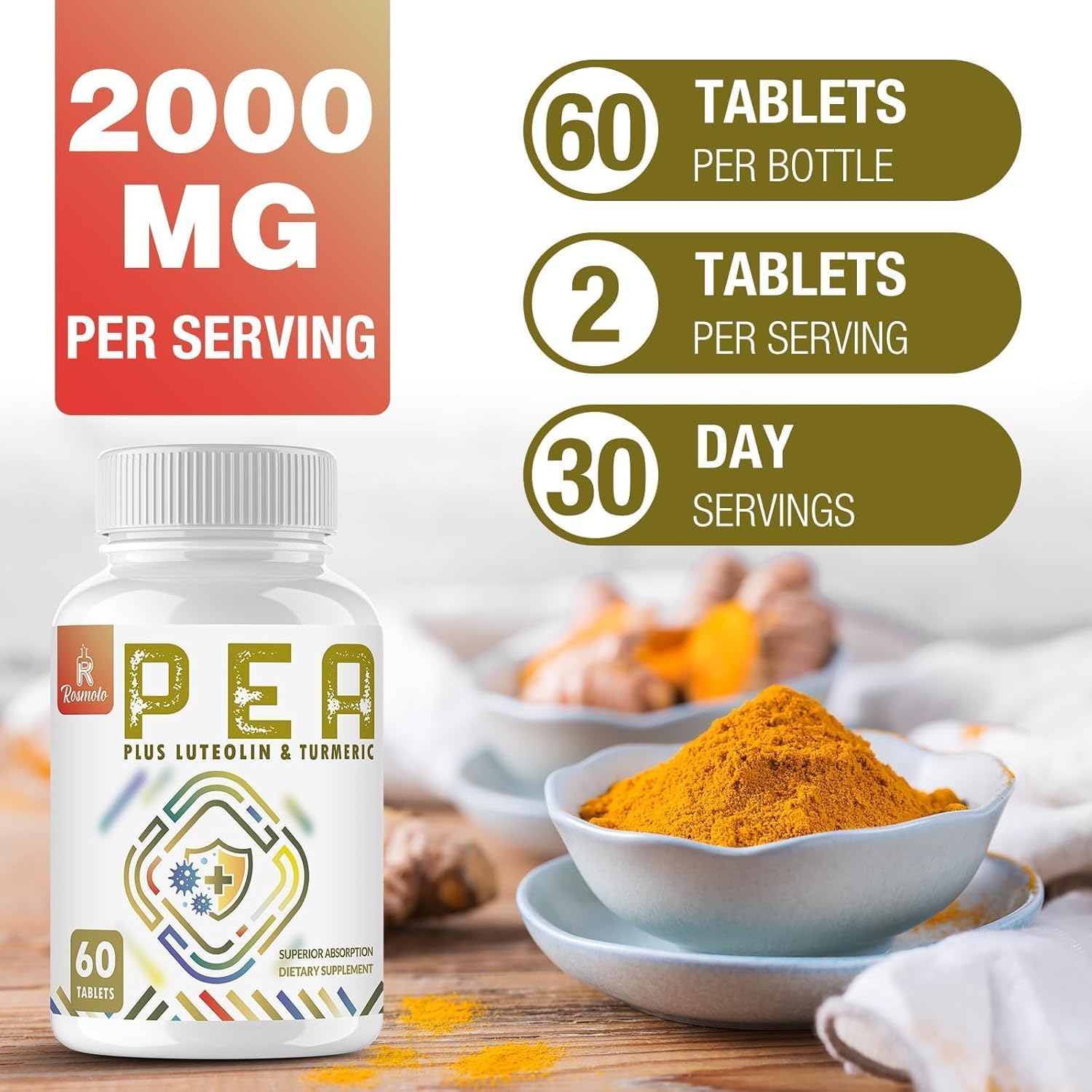Rosmolo 1500 MG Palmitoylethanolamide with Luteolin 98% & Turmeric 60 Tablet - Galeri