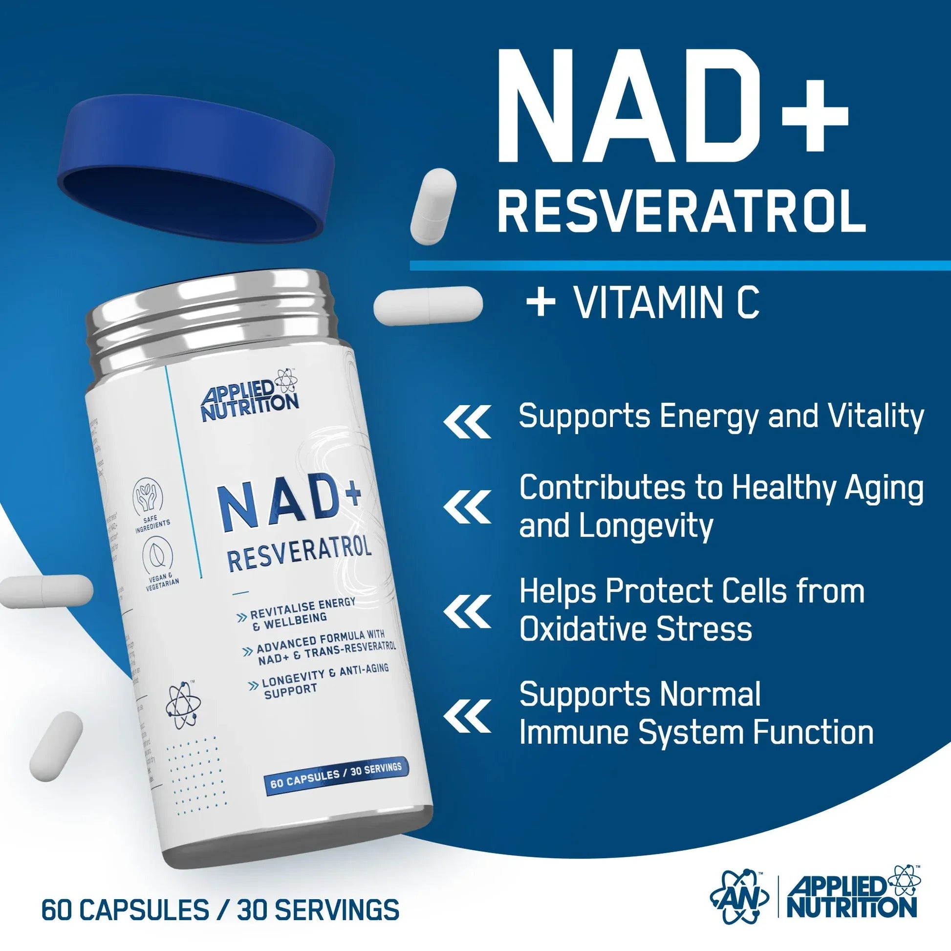 Applied Nutrition NAD+ Trans-Resveratrol Cellular Energy Antioxidant Support & Daily Wellness Formula 60 Caps - Galeri