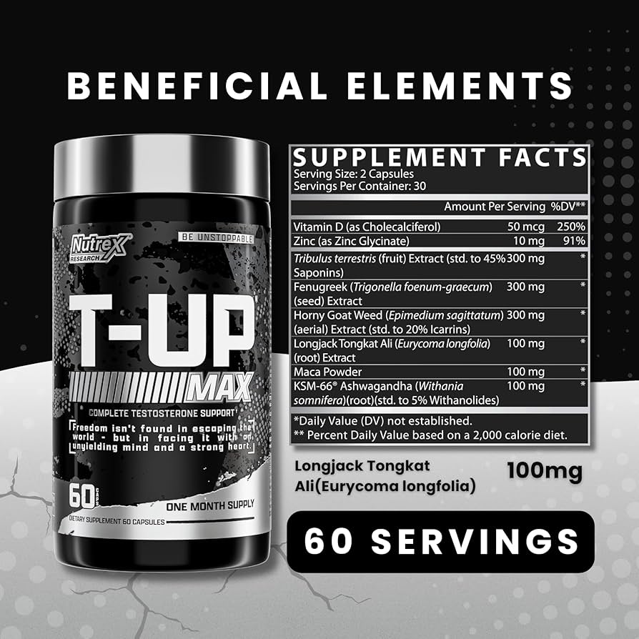 Nutrex T-Up Max Testo Booster 60 Caps Tribulus+Fenugreek+Maca+Tongkat Ali+Ksm66 Ashwagandha - Galeri
