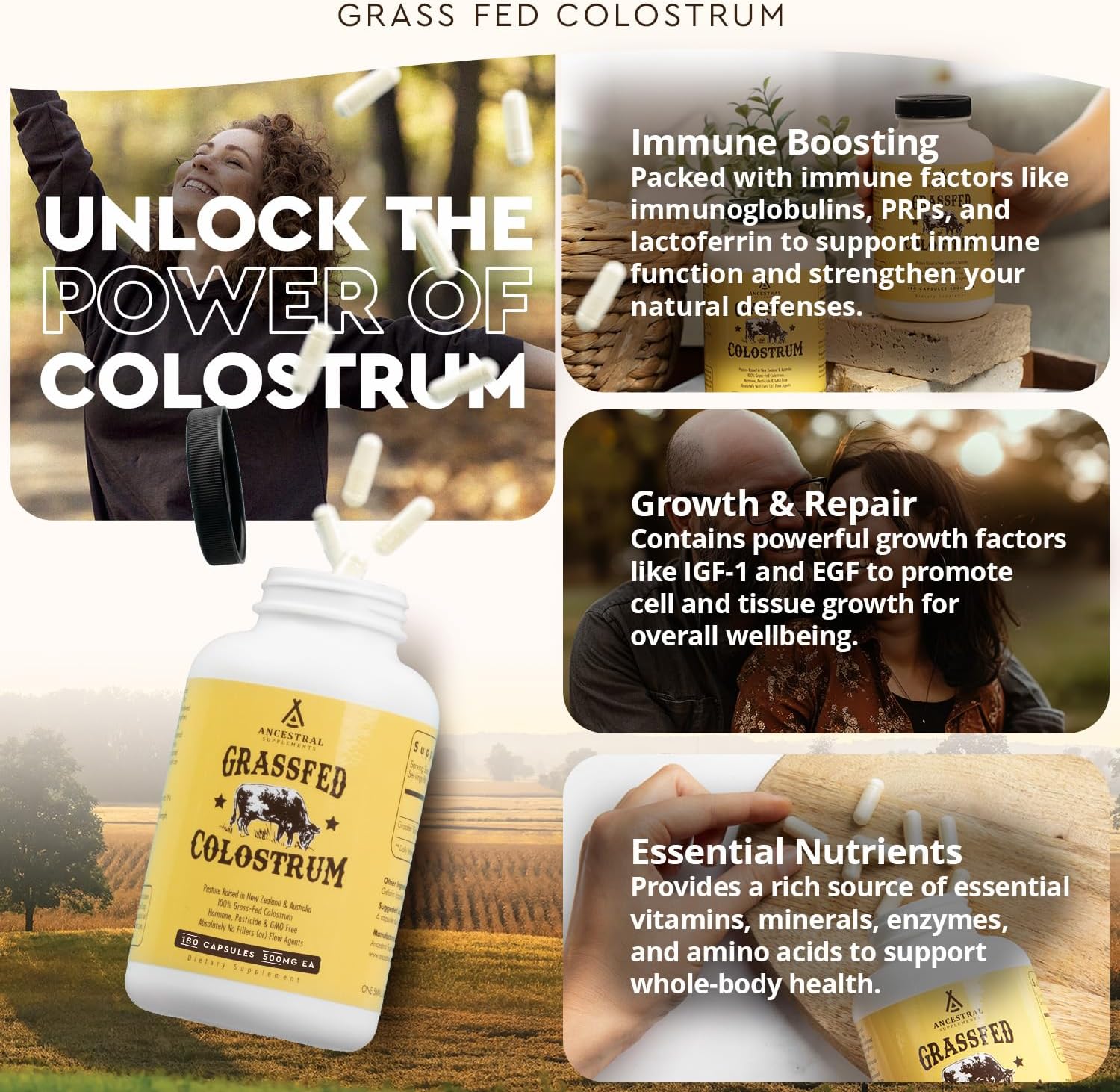 Ancestral Supplements Grass Fed Beef Colostrum Supplement, 3000 mg, 180 Caps - Galeri
