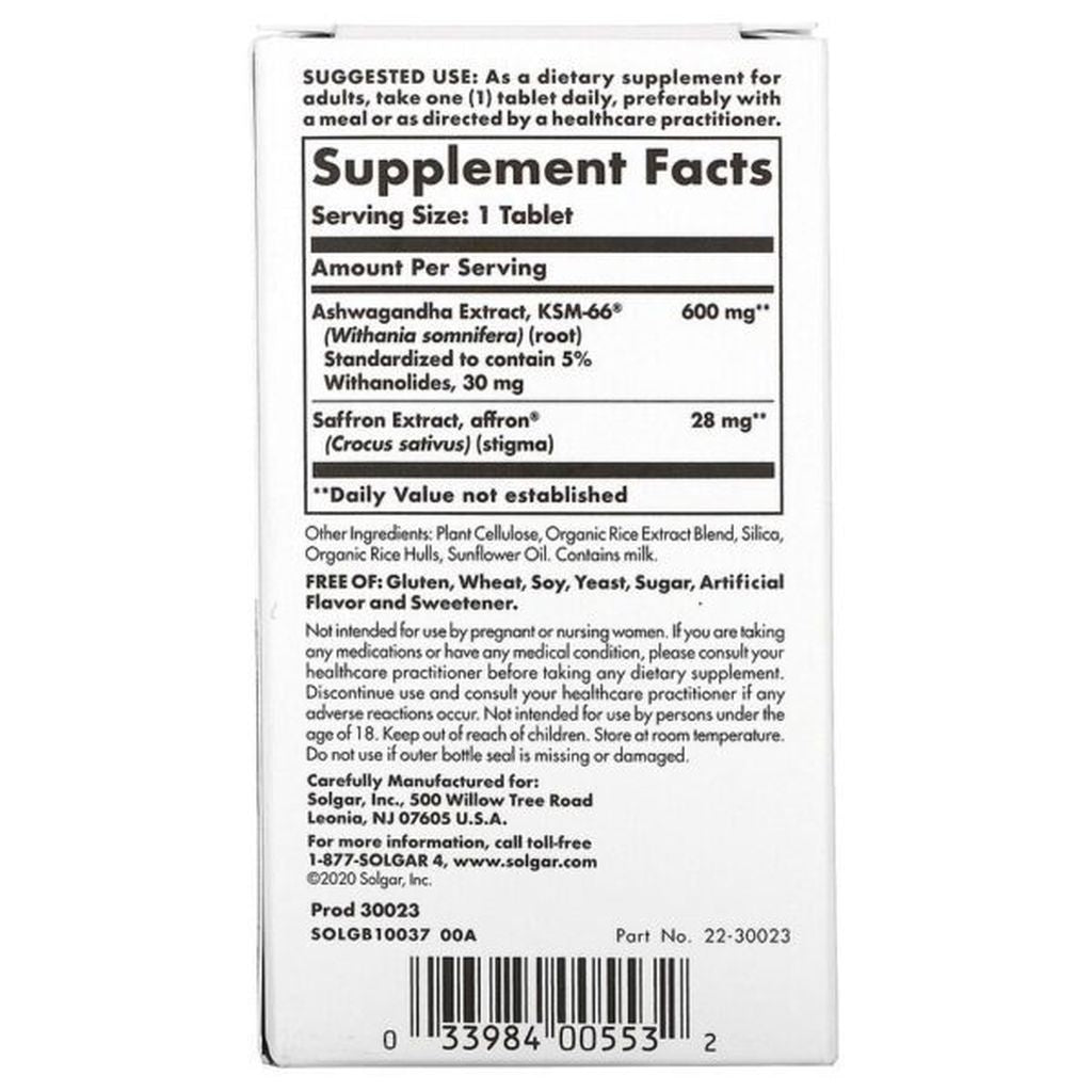 Solgar Stress and Anxiety Relief KSM66 Ashwagandha+Saffron(Safran) 30 Tablets - Galeri