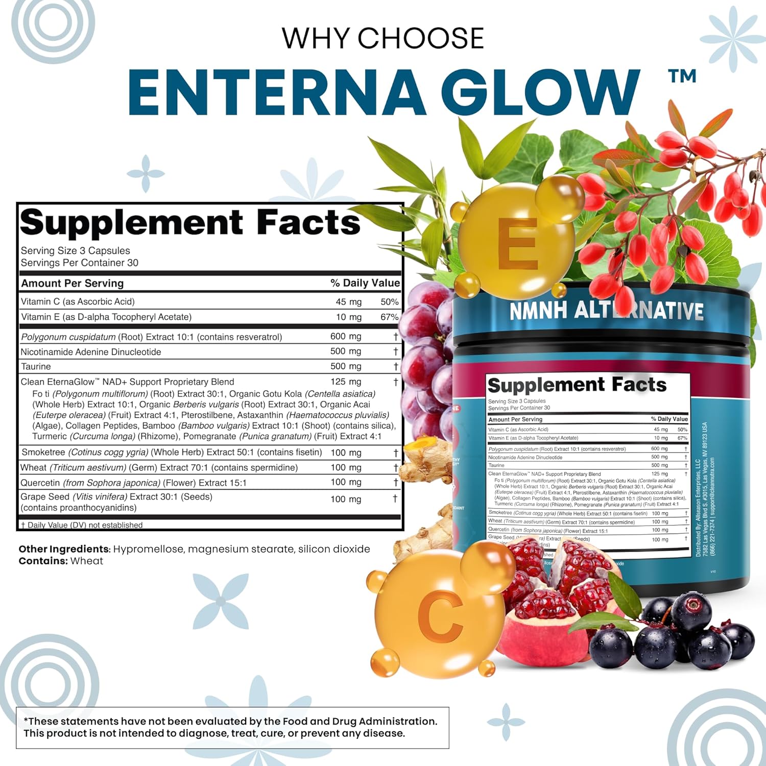 Clean Nutraceuticals NAD Spermidine Fisetin Quercetin Grape Seed Gotu Kola Berberine Astaxanthin Taurine Pomegranate Acai Anti Aging Longevity 90 caps - Galeri