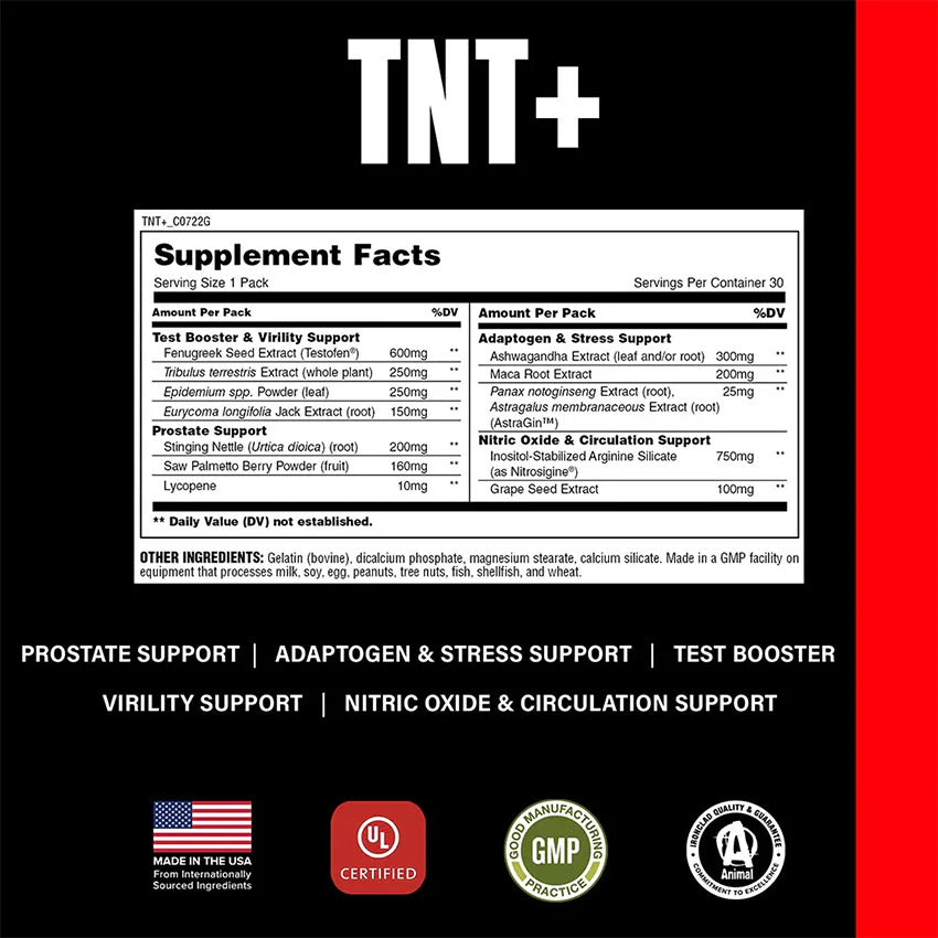 Animal TNT+ Testo Booster Tribulus+Fenugreek+Maca+İnositol+Grape+Astragalus+Saw palmetto+Ashwagandha 30 Pack - Galeri