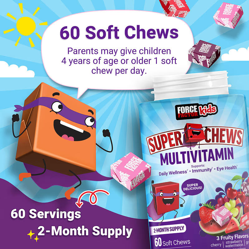 Force Factor Kids Super Chews Multivitamin Cherry Strawberry Watermelon Grape 60 Soft Chews - Galeri