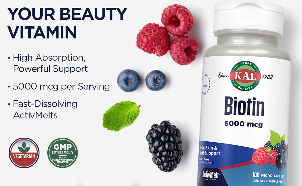 KAL, Biotin Mixed Berry 5,000 mcg 100 Micro Tablets - Galeri