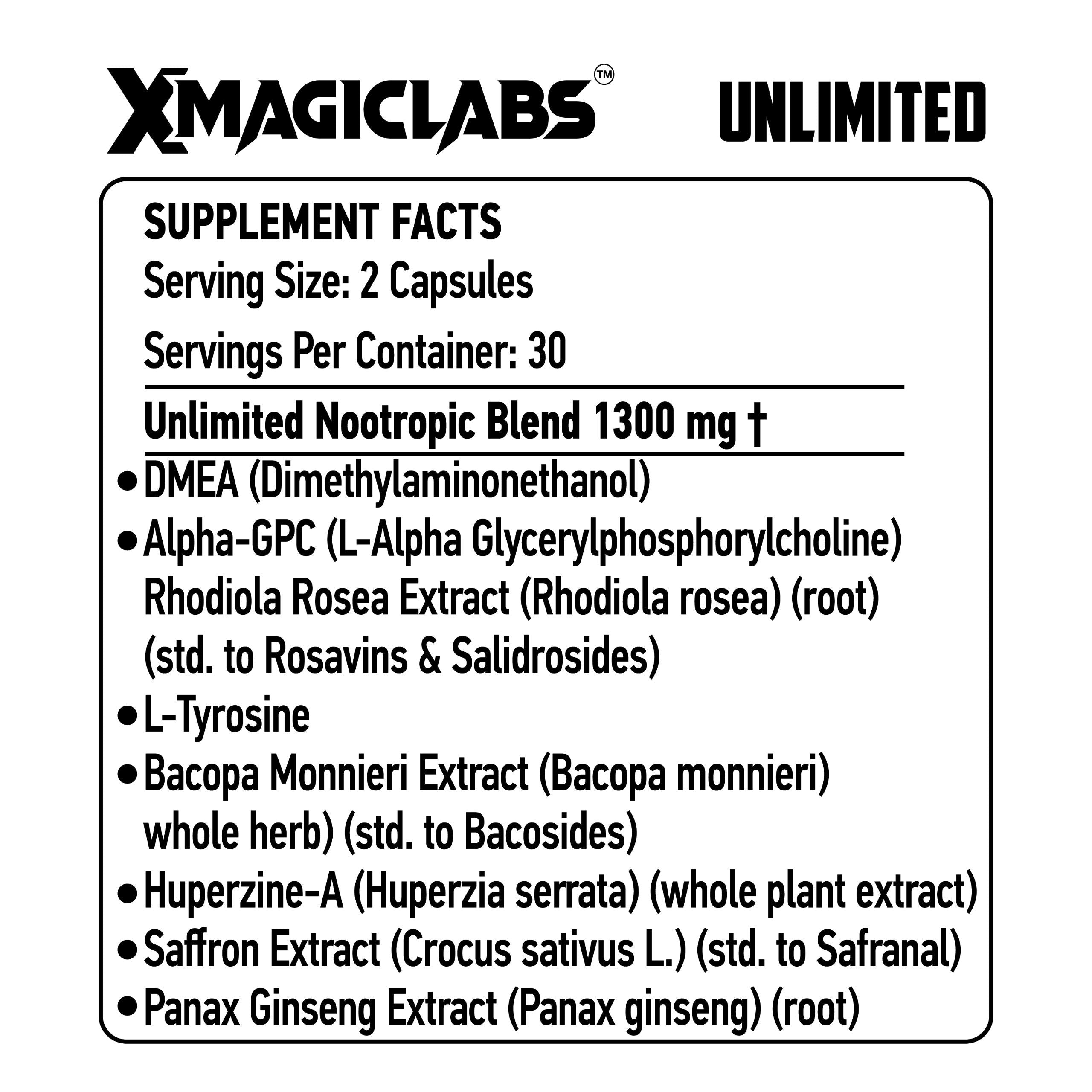Xmagiclabs UNLIMITED Dmae , Alpha Gpc , Rhodiola Rosea , Tyrosine , Bacopa , Huperzine , Saffron , Panax Ginseng  60 Caps - Galeri