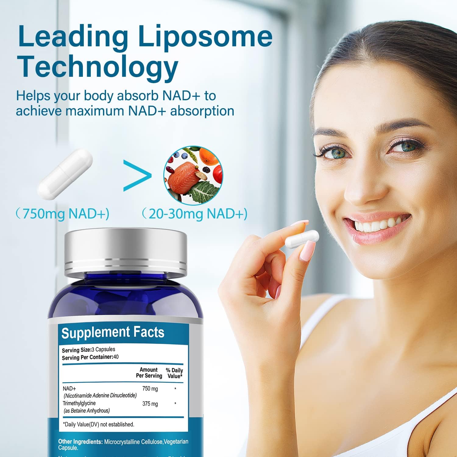 VIVALIFER Liposomal NAD+ 500mg with Trimethylglycine TMG 250 mg Anti Aging Repair Brain120 Caps - Galeri