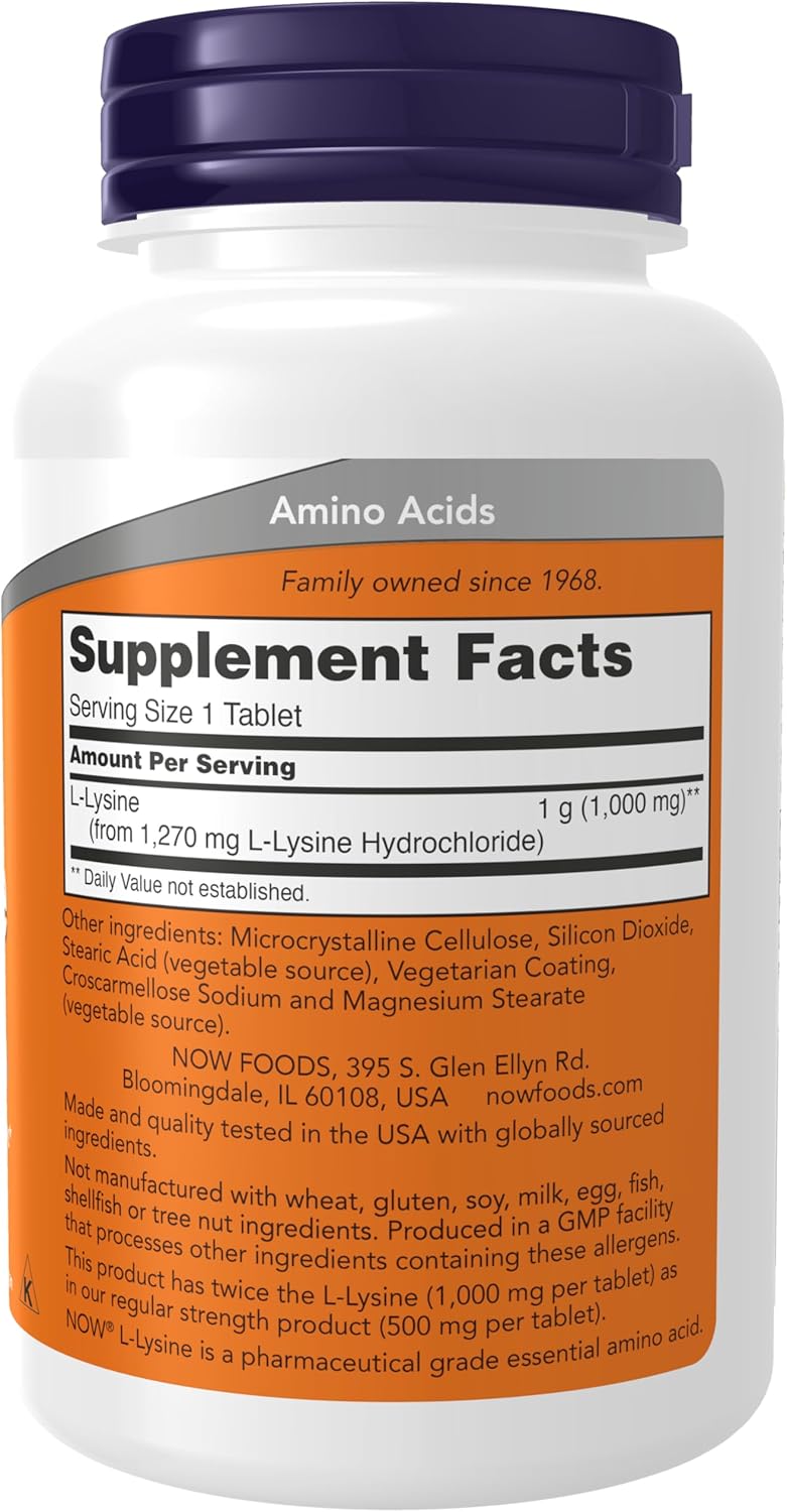 NOW Foods, Double Strength L-Lysine Lizin Çift Güçlü, Amino Asit 1,000 mg, 100 Tablet - Galeri