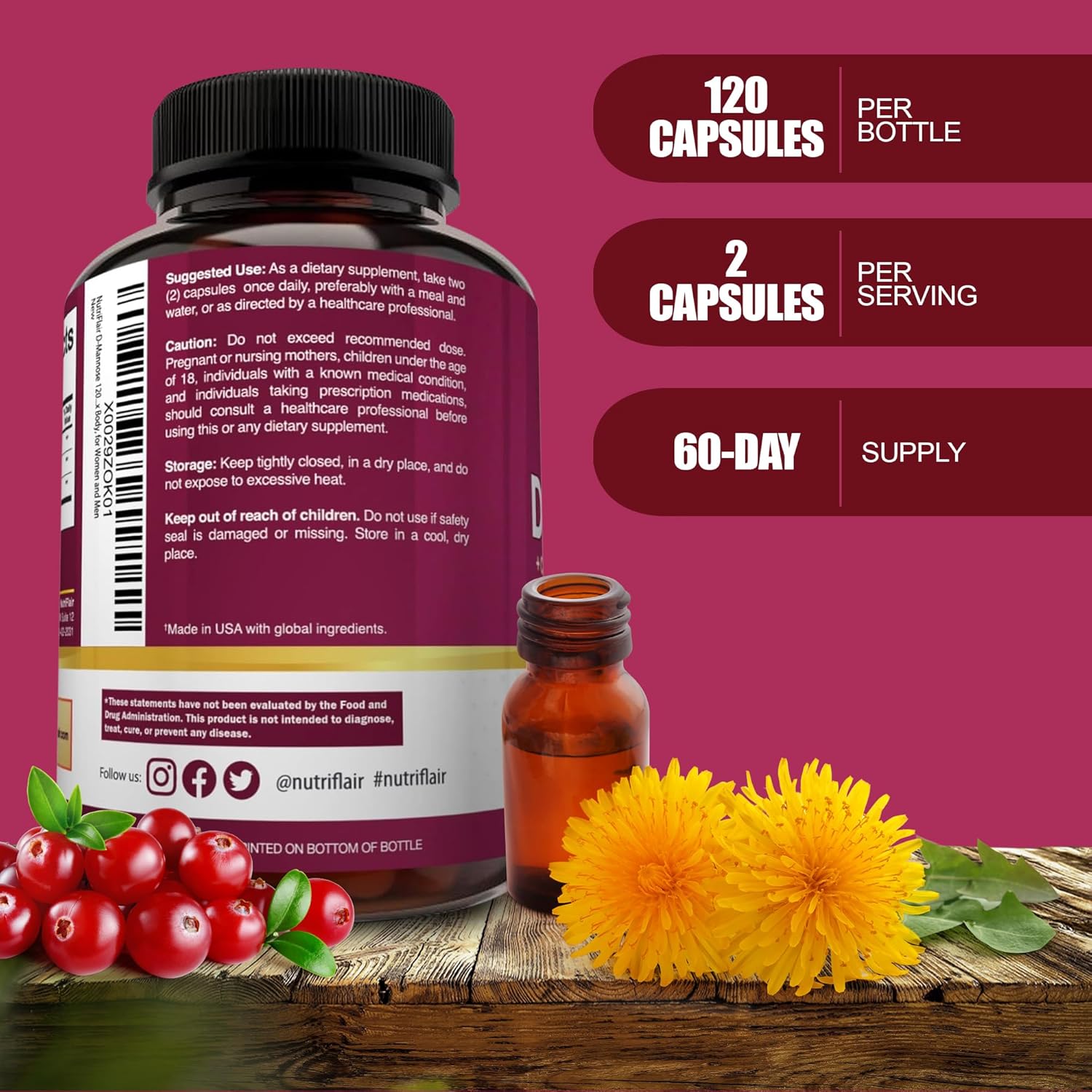 NutriFlair D-Mannose 1500mg with Cranberry and Dandelion Urinary Tract Health Detox Body 120 Caps - Galeri