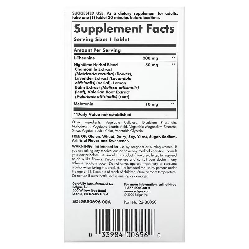 Solgar Sleep Triple action Melatonin + L-Theanine + Valerian Root Melissa Extract 30 Tablet - Galeri