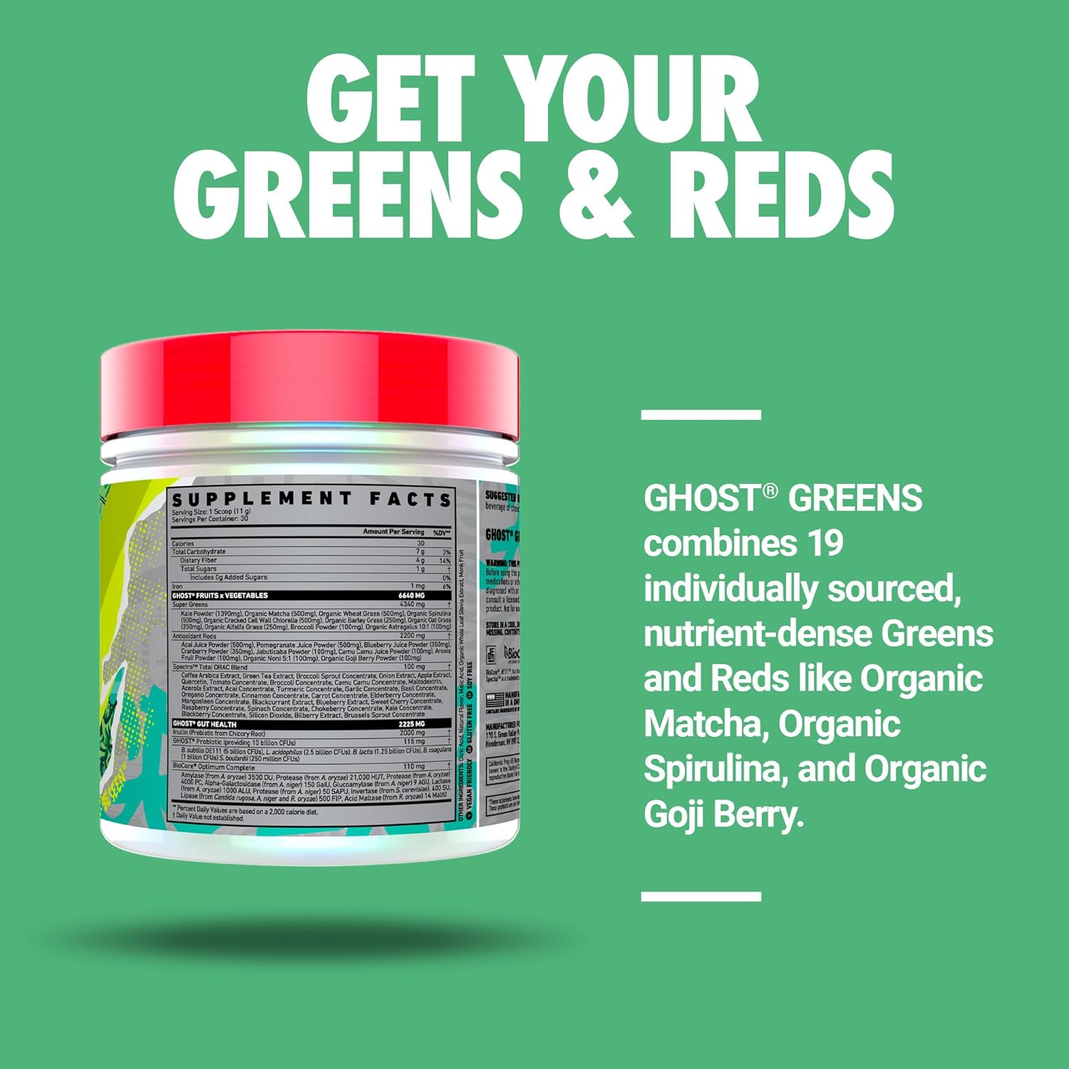 GHOST Greens Spirulina, & Chlorella, Prebiotics, 10 Billion CFU Probiotic & Digestive Enzymes 330 Gr - Galeri