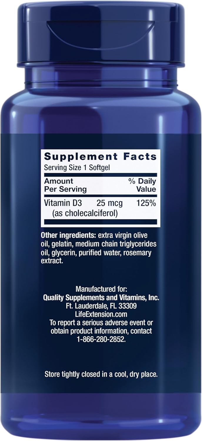 Life Extension Vitamin D3 1000 IU Immune System Support Bone Health 250 Softgels - Galeri