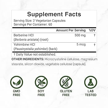 Deal Supplement Berberine Supplement with Yohimbine 500mg Per Serving 120 Veggie Caps - Galeri