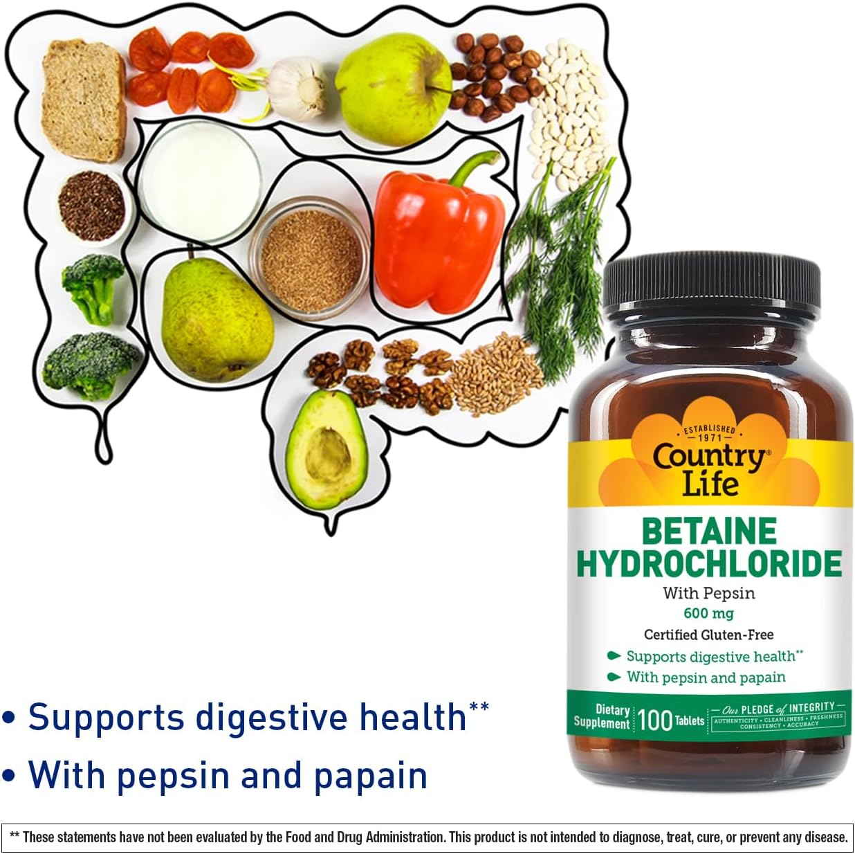Country Life Betaine Hydrochloride with Pepsin Digestive Health 600mg 100 Tablet - Galeri