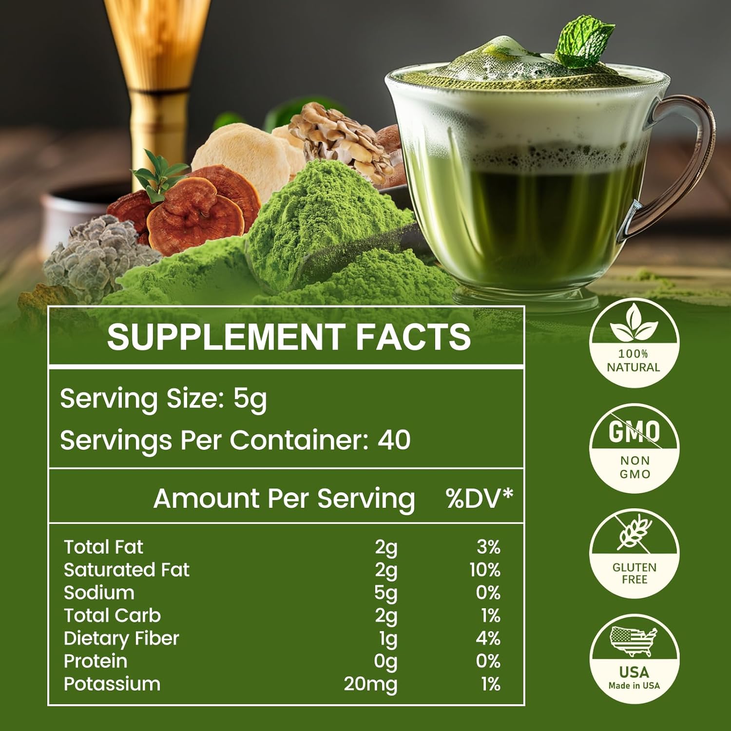 İngreens Mushroom Matcha MCT Reishi & Lion's Mane for Immune Strengthen Focus & Energy 200 gr - Galeri