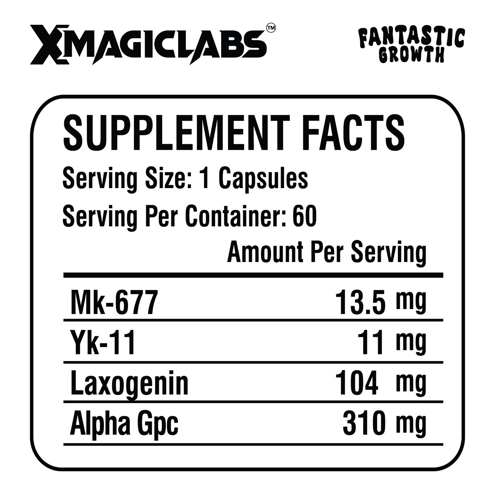 XMAGICLABS FANTASTIC GROWTH Mk677 Ibutamoren - Yk11 myostatin - Laxogenin - Alpha gpc 60 Caps - Galeri