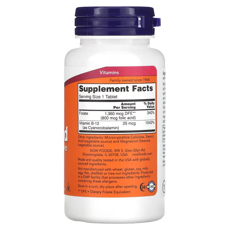 Now Folic Acid 800 mcg with Vitamin B-12 250 Tablets - Galeri