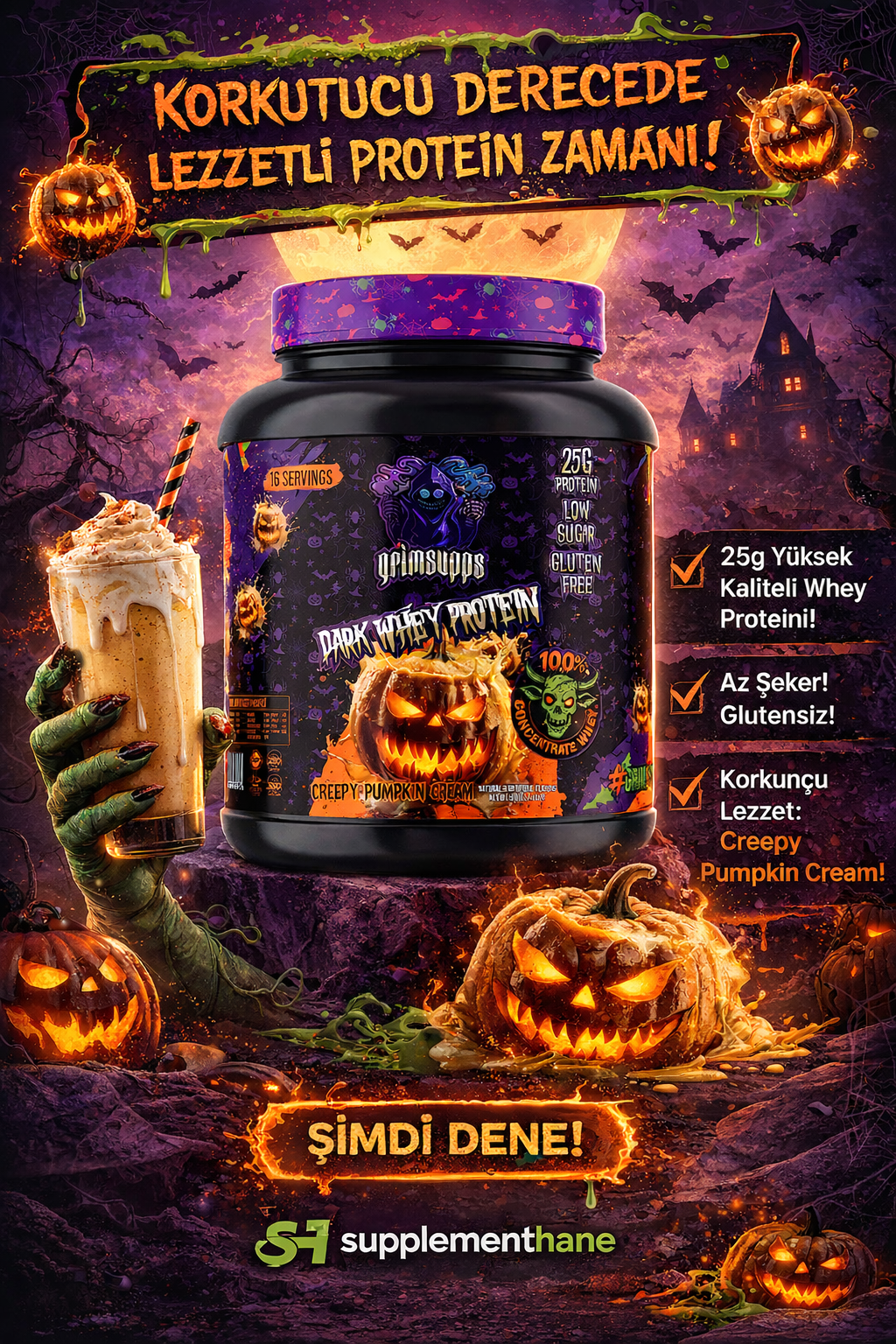 Grimsupps Dark Whey Protein Tozu 528g - Creepy Pumpkin Cream - 25g Protein - Galeri
