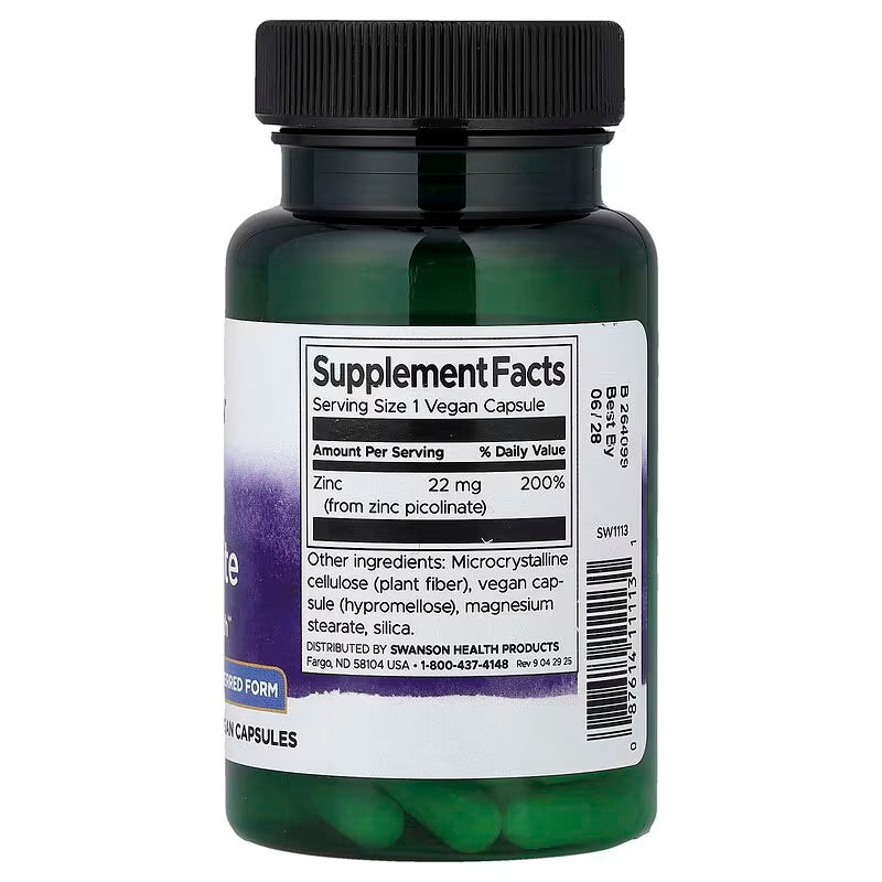 Swanson Zinc Picolinate 22 mg 60 Vegan Capsules - Galeri