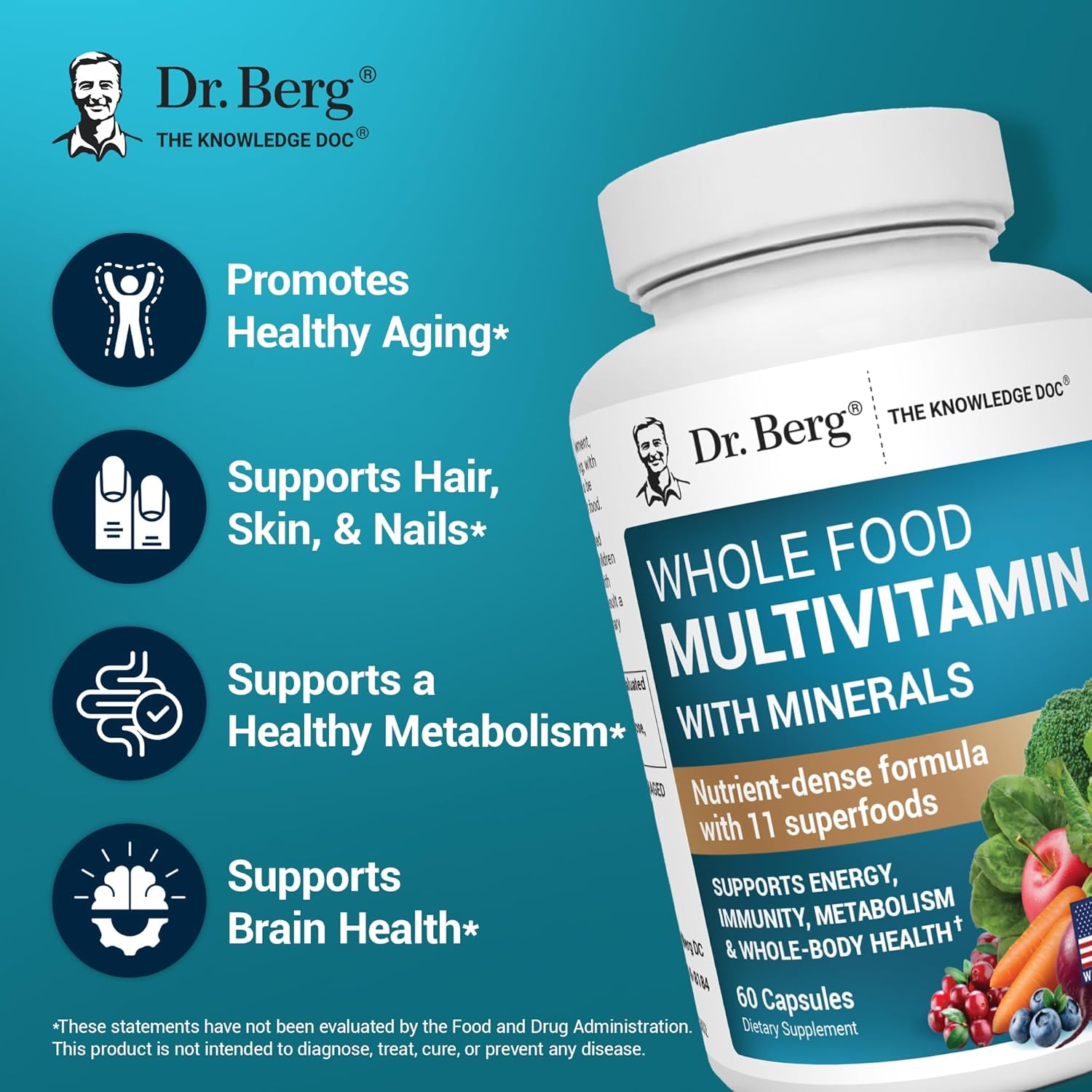 Dr. Berg Whole Food Multivitamin with Minerals Trace Mineral Benfotiamine Folate Alpha lipoic Acid 60 Caps - Galeri