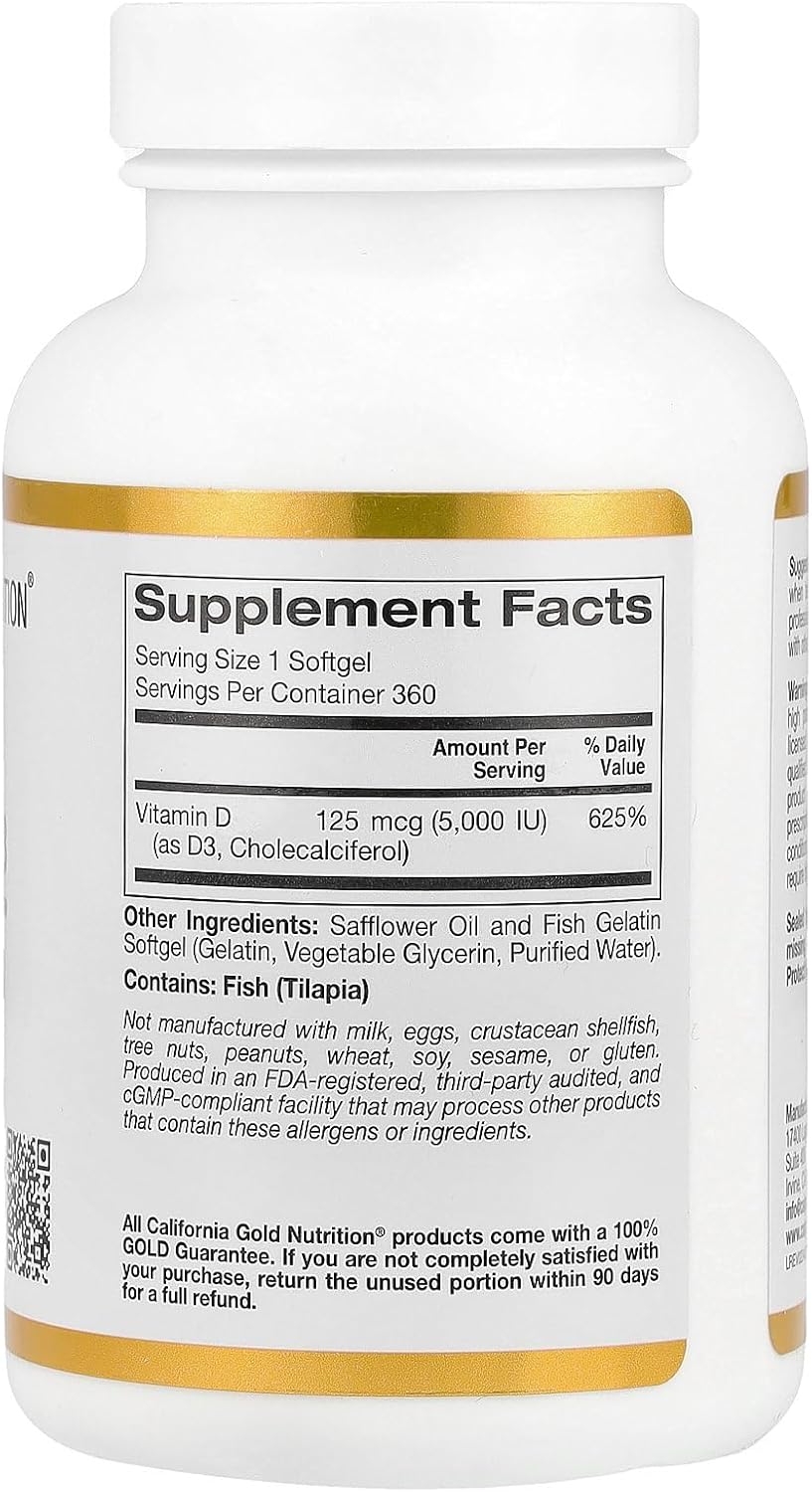 California Gold Nutrition, Vitamin D3, 5,000IU, Cholecalciferol from Lanolin, 125 mcg, 360 Fish Gelatin Softgels - Galeri