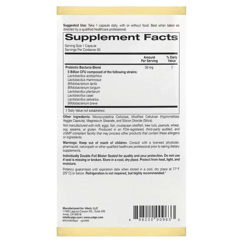 California Gold  LactoBif 5, Probiotics 5 Lactobacilli 3 Bifidobacteria, 5 Billion CFU 60 Vegan Caps - Galeri