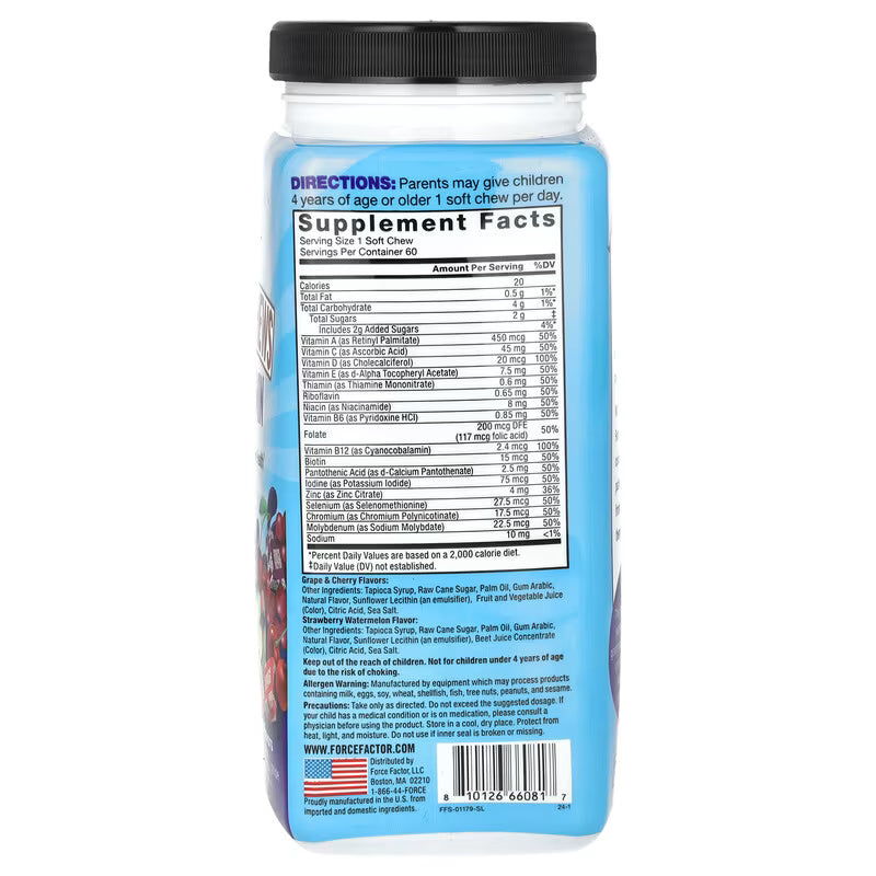 Force Factor Kids Super Chews Multivitamin Cherry Strawberry Watermelon Grape 60 Soft Chews - Galeri
