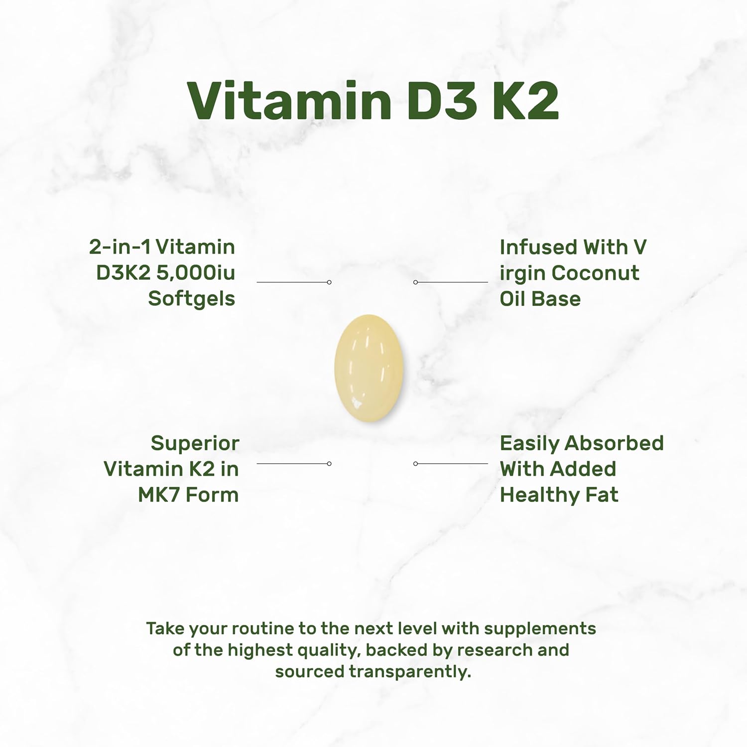 DEAL SUPPLEMENT Vitamin D3 5,000 IU + K2 MK7 100mcg with Virgin Coconut Oil Supports Heart Bone Teeth Immune Health 250 Softgels - Galeri