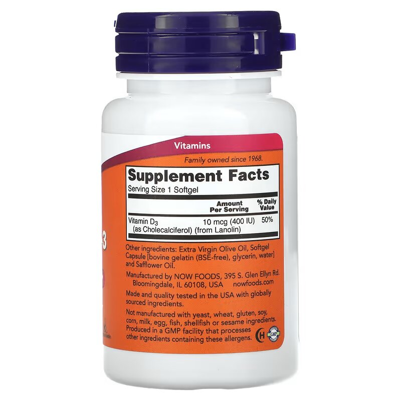 NOW Foods, Vitamin D3, 400 IU, 180 Softgels - Galeri