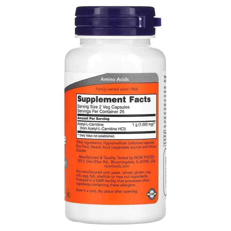 NOW Foods Acetyl-L Carnitine 500 mg Amino Acid Brain And Nerve Cell Function 50 Veg Capsules - Galeri