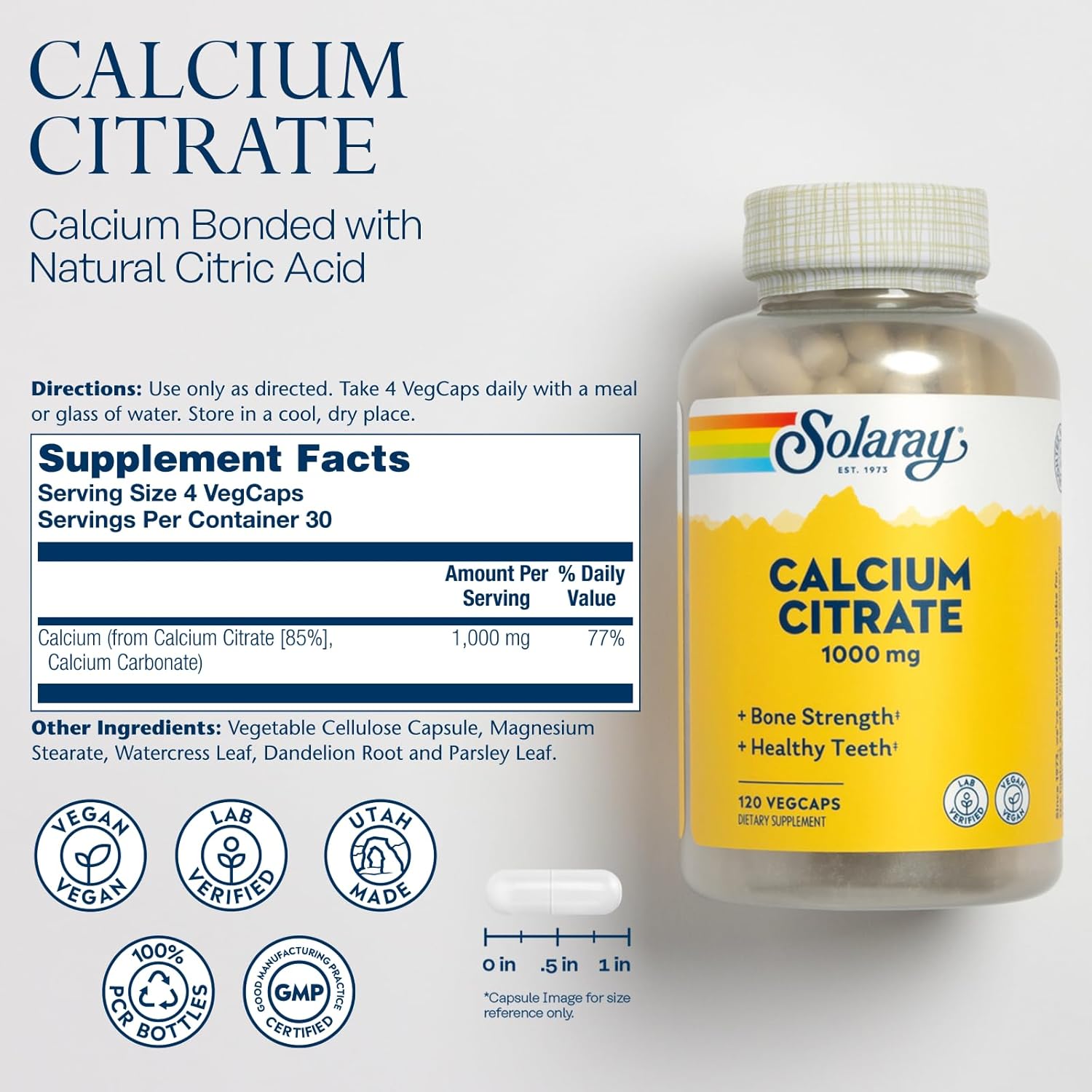 Solaray Calcium Citrate 1000mg - Chelated Calcium Supplement - Vegan - 30 Servings, 120 VegCaps - Galeri