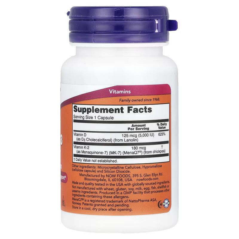NOW Foods, Mega D-3 K2 Vitamin & MK-7, 5,000 IU / 180 mcg, 60 Caps - Galeri