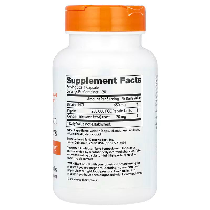 Doctor's Best Betaine HCl Pepsin & Gentian Bitters Gut Digestive Health 120 Capsules - Galeri