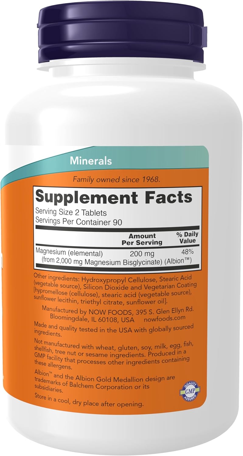 NOW Foods Magnesium Glycinate 200 mg, Highly Absorbable Form, 180 Tablet - Galeri