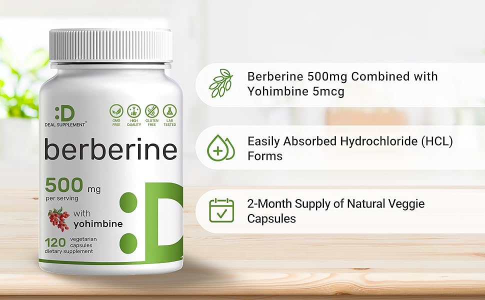Deal Supplement Berberine Supplement with Yohimbine 500mg Per Serving 120 Veggie Caps - Galeri