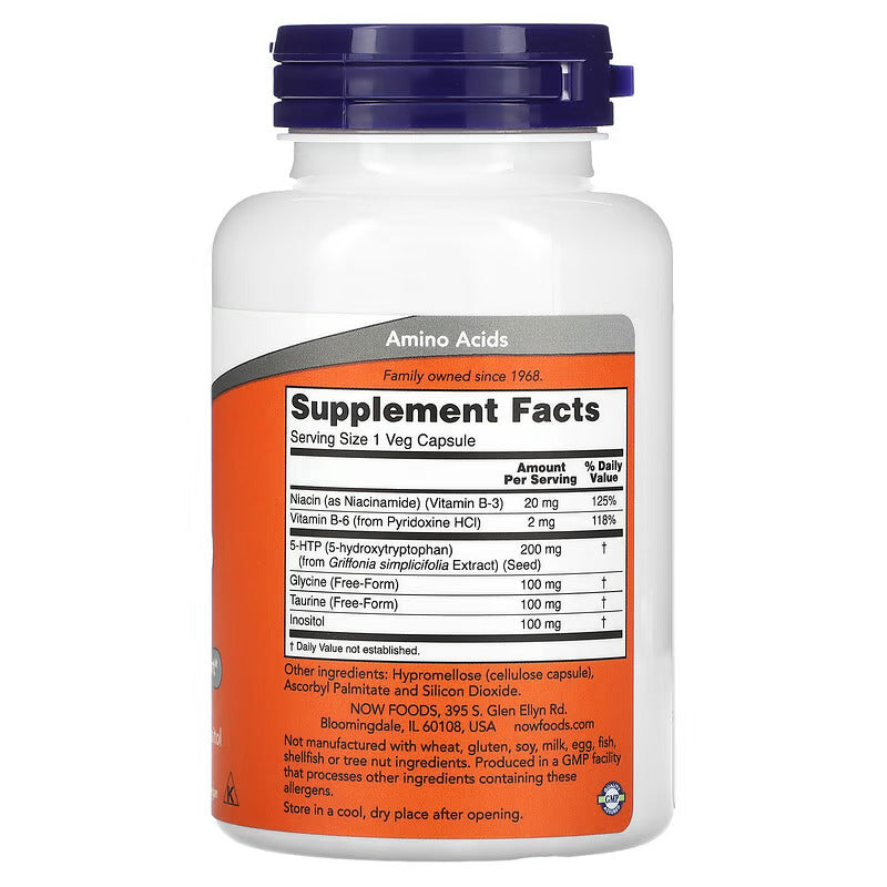 NOW Foods 5-HTP Inositol , Taurine , Niacin , Glycine Double Strength, 200 mg, 120 Veg Capsules - Galeri