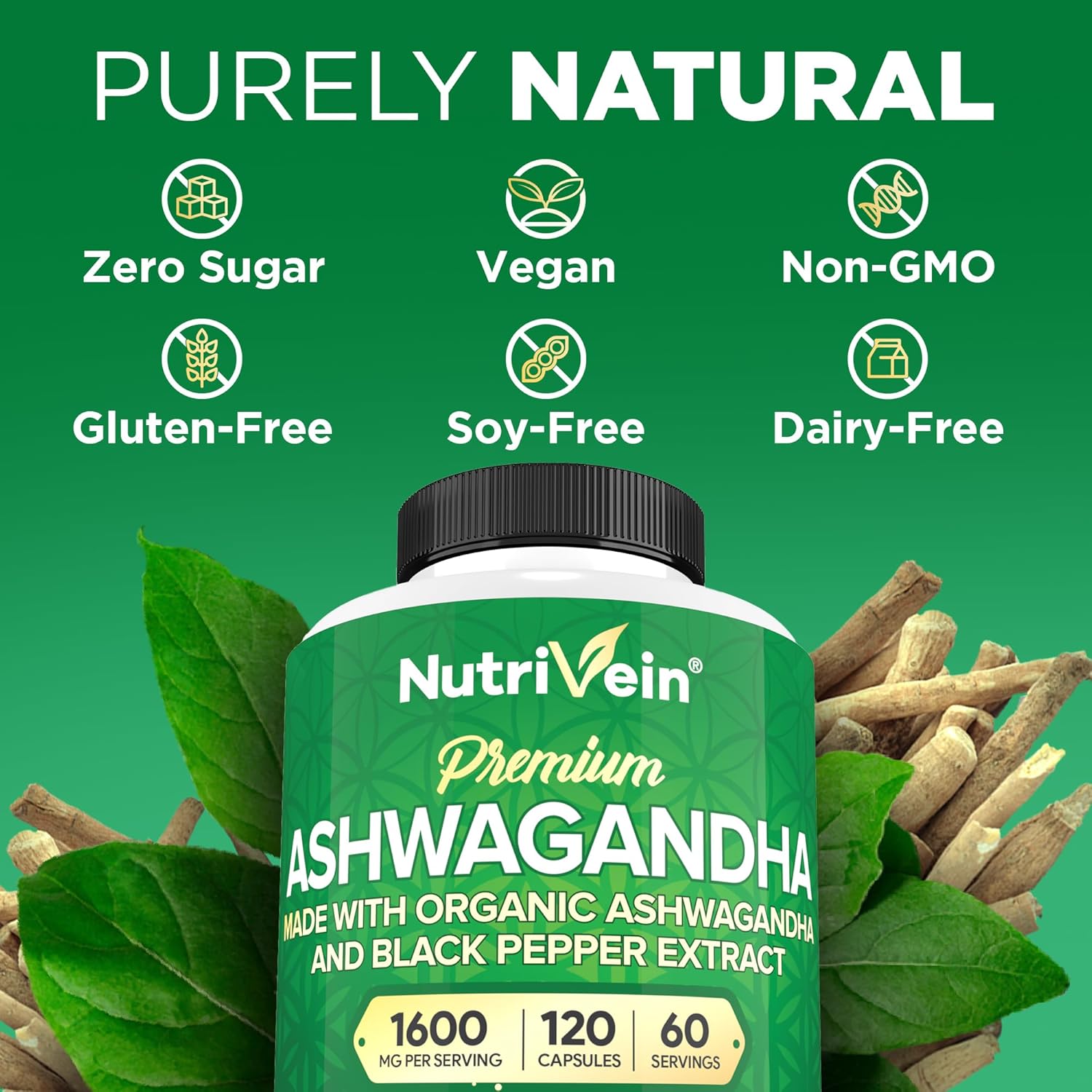 Nutrivein Organic Ashwagandha Capsules 1600mg with Black Pepper Extract - 120 Vegan Pills - 100% Pure Root Powder Supplement - Supports Stress Relief, Immune, Energy, Stamina & Mood - Galeri